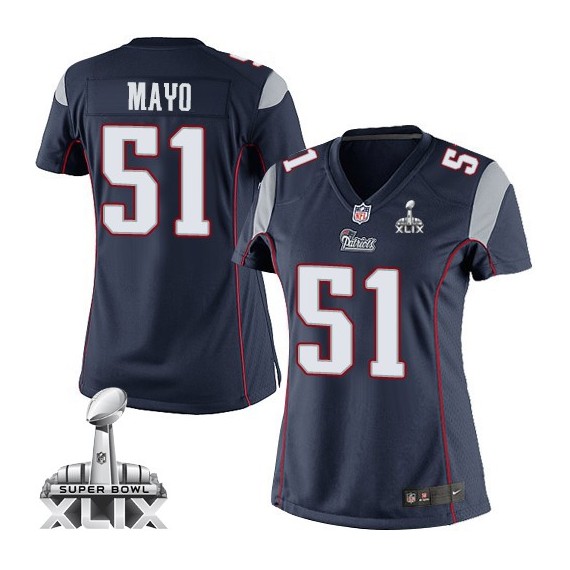 New England Patriots Jerod Mayo Official Nike Navy Blue Elite Women's Home Super Bowl XLIX NFL Jersey