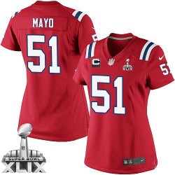 New England Patriots Jerod Mayo Official Nike Red Elite Women's Alternate C Patch Super Bowl XLIX NFL Jersey